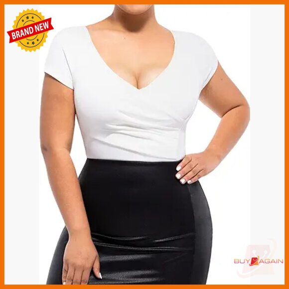 Large Shapewear Bodysuit Tummy Control V-Neck Short Sleeve Nylon Spandex